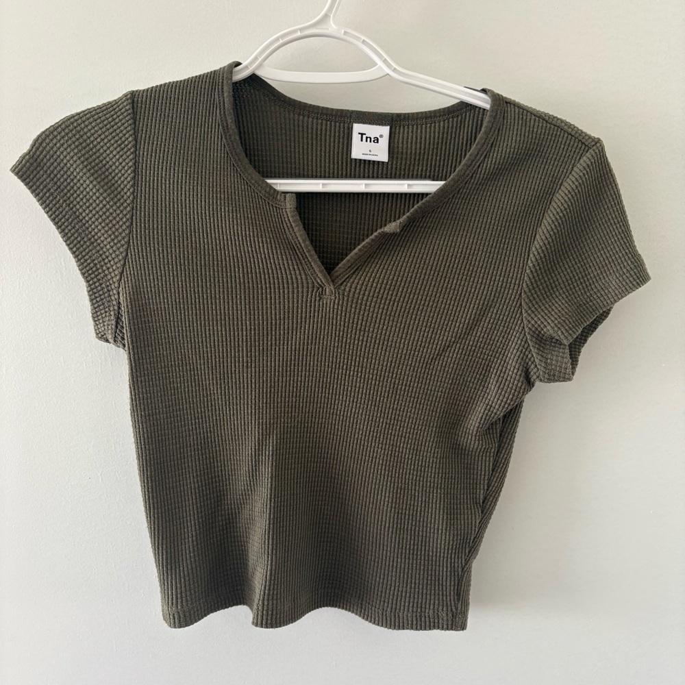 TNA Green Ribbed Crop Waffle Tee